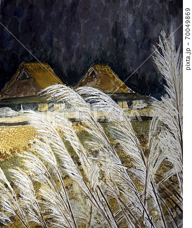 茅葺き民家のスケッチ ススキ スケッチ 水彩画のイラスト素材