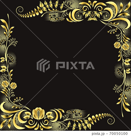 Luxury gold with black frame in boho style. Floral corner golden elements on black background. 70050100