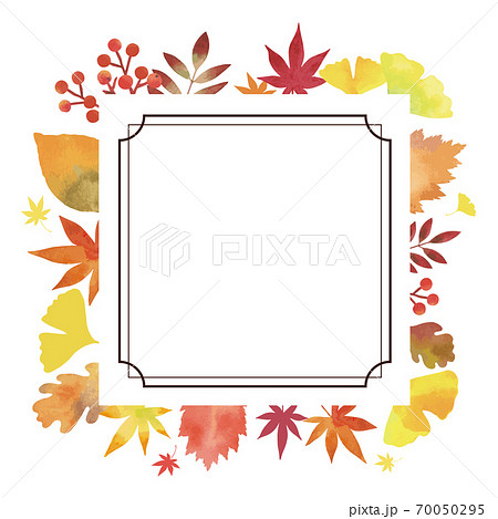 秋の葉 装飾フレーム 水彩画 正方形 四角 ヴィンテージ装飾 白背景 のイラスト素材