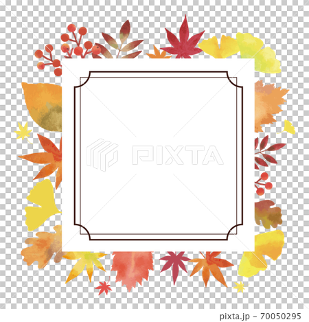 秋の葉 装飾フレーム 水彩画 正方形 四角 ヴィンテージ装飾 白背景 のイラスト素材