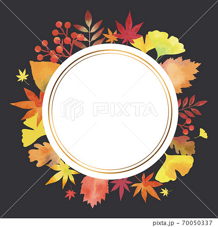 秋の葉 エレガント装飾フレーム 水彩画（丸 円形 ヴィンテージ装飾 黒背景） 70050337