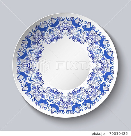 Plate with blue decorative pattern of birds and flowers. Template design in ethnic style Gzhel porcelain painting. Plate with blue decorative pattern of birds and flowers. Template design in ethnic style Gzhel porcelain painting. 70050426