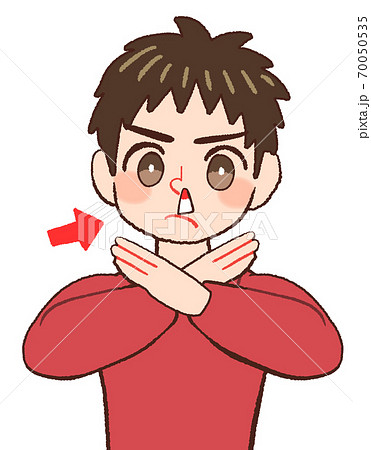 鼻血のときにティッシュをつめる間違った対応にダメ出しする男の子供のイラストのイラスト素材