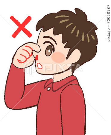 鼻血の時の間違った対応をやってみせる男の子のイラストのイラスト素材