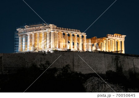 Parthenon temple on Acropolis hill at night, Athens, Greece Parthenon temple on Acropolis hill at night, Athens, Greece 70050645