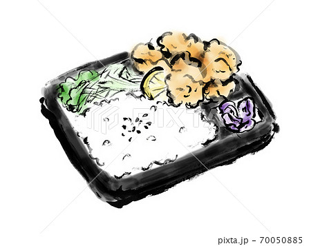 手描きの黒い器に入った塩唐揚げ弁当のイラスト素材 竜田揚げ弁当のイラスト素材