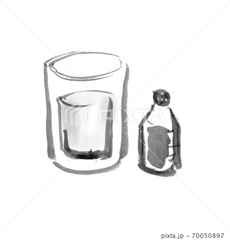 手描きのうがい薬と水の入ったコップのモノクロのイラスト素材のイラスト素材