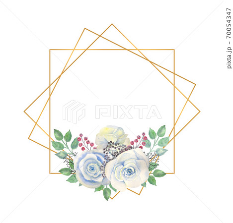 Blue rose flowers, green leaves, berries in a gold geometric frame. Wedding concept with flowers. Watercolor compositions for the decoration of greeting cards or invitations Blue rose flowers, green leaves, berries in a gold geometric frame. Wedding concept with flowers. Watercolor compositions for the decoration of greeting cards or invitations 70054347
