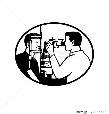 Patient and Optician or Optometrist with Eye Test Equipment Testing for Eye Exam Retro Black and White 70054477