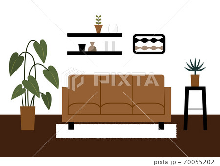 茶色のソファーと植物の部屋イラスト 70055202