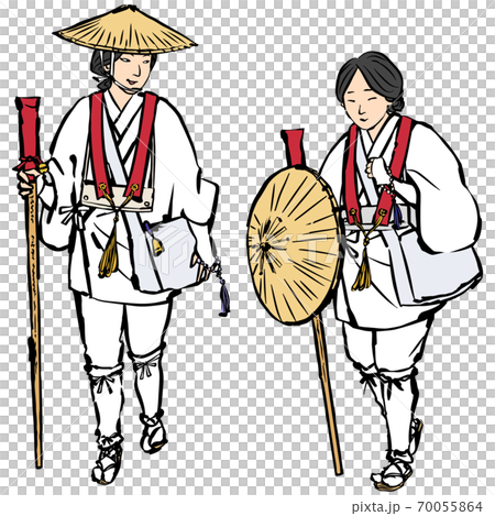 和風 お遍路さん 女2人 輪袈裟模様なしのイラスト素材