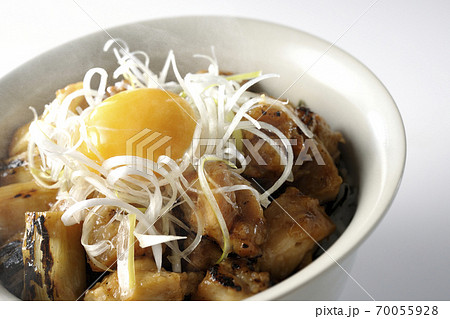 炭火で焼いた焼き鳥の上に白髪葱と卵黄を乗せた熱々丼ぶり(白背景) 炭火で焼いた焼き鳥の上に白髪葱と卵黄を乗せた熱々丼ぶり(白背景) 70055928
