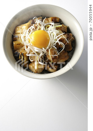 炭火で焼いた焼き鳥の上に白髪葱と卵黄を乗せた熱々丼ぶり(白背景、俯瞰) 炭火で焼いた焼き鳥の上に白髪葱と卵黄を乗せた熱々丼ぶり(白背景、俯瞰) 70055944