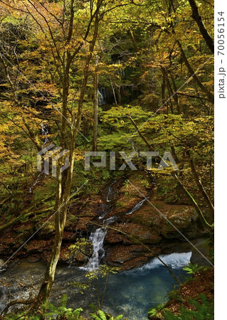 塩原スッカン沢の渓流と素簾の滝に紅葉の森 70056154