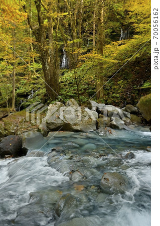 塩原スッカン沢の渓流と素簾の滝に紅葉の森 70056162