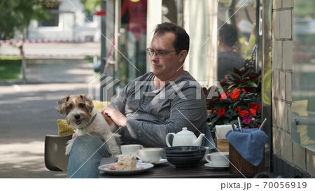 Man stroking a small dog lying in his lap Man stroking a small dog lying in his lap 70056919