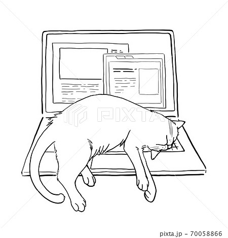 ノートパソコンの上で寝る猫 線画 のイラスト素材