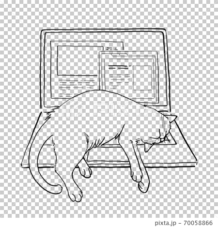 ノートパソコンの上で寝る猫（線画） 70058866