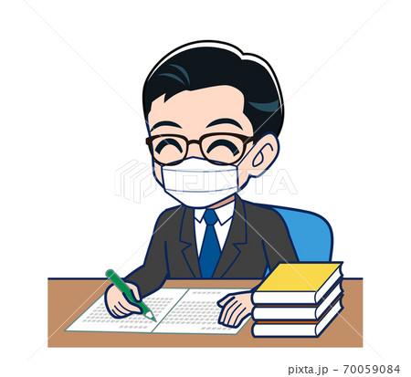 マスクをしながらテスト勉強に励むサラリーマンのイラスト素材