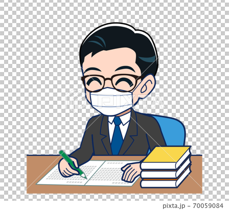 マスクをしながらテスト勉強に励むサラリーマンのイラスト素材