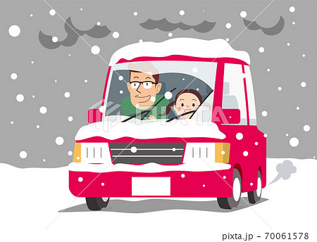 雪道を楽しそうにドライブする親子のイラスト素材