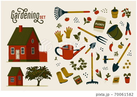 Gardening set. Red farm house and different types of tools for gardening and landscaping. 70061582