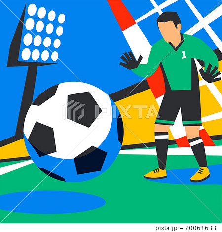 Goalkeeper defends goal. Football player with ball against background of the stadium. Soccer player in Russia. penalty. Full color illustration in flat style. Football cup 2018. Goalkeeper defends goal. Football player with ball against background of the stadium. Soccer player in Russia. penalty. Full color illustration in flat style. Football cup 2018. 70061633