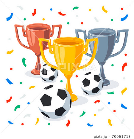 Gold, silver and bronze trophy cup in flat cartoon style. Winner cups, football balls and confetti on white background. 1st, 2nd, 3rd place Sport goblet. Football soccer championship. 70061713