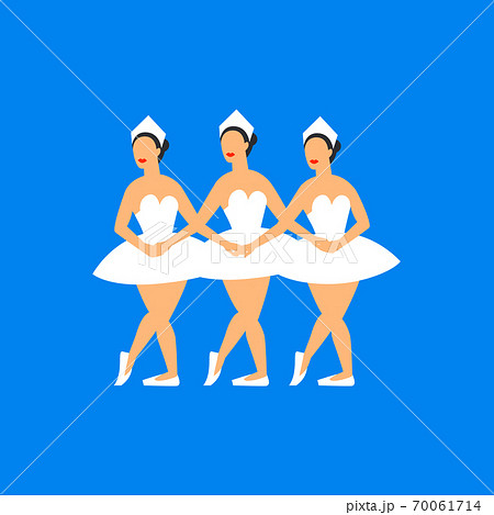 Ballet dancers. Three balerinas dancing swan lake on a blue background. Russian ballet by Tchaikovsky Swan Lake. Flat style 70061714
