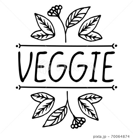 Veggie. Isolated inscription on a white background decorated with leaves and twigs. Hand-drawn lettering. Suitable for packaging, web designs, advertising products, label, Internet advertising. Stock Veggie. Isolated inscription on a white background decorated with leaves and twigs. Hand-drawn lettering. Suitable for packaging, web designs, advertising products, label, Internet advertising. Stock 70064874