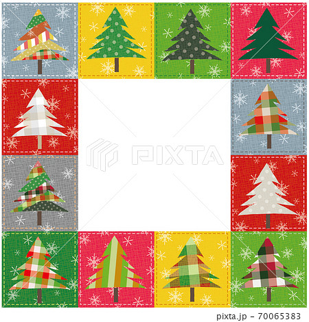クリスマス素材 クリスマスツリーのキルト生地 パッチワーク風のイラスト素材