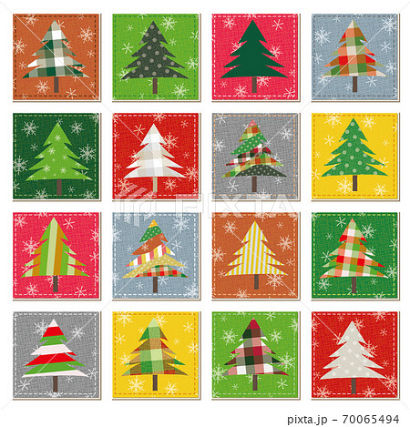 クリスマス素材 クリスマスツリーのキルト パッチワーク風のイラスト