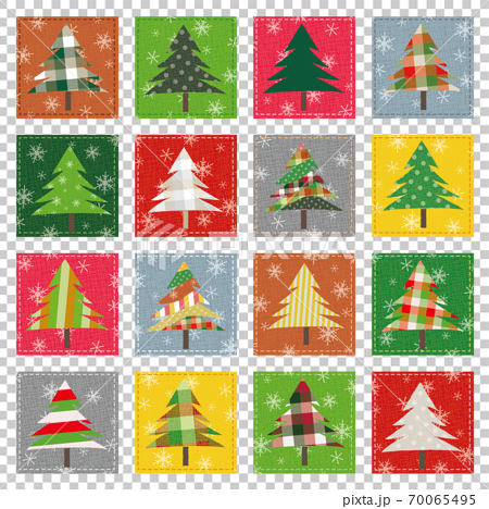 クリスマス素材 クリスマスツリーのキルト パッチワーク風のイラスト素材