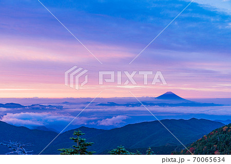 (山梨県)紅葉した国師ヶ岳から望む、富士山 夜明け (山梨県)紅葉した国師ヶ岳から望む、富士山 夜明け 70065634