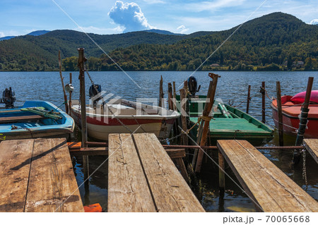 Colorful fishing boats on the lake Piediluco. Umbria, Italy 70065668