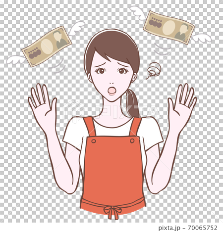 お手上げポーズの女性と飛んでいくお金 イラストのイラスト素材