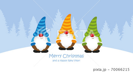 cute christmas greeting card with gnome on snowy forest landscape 70066215