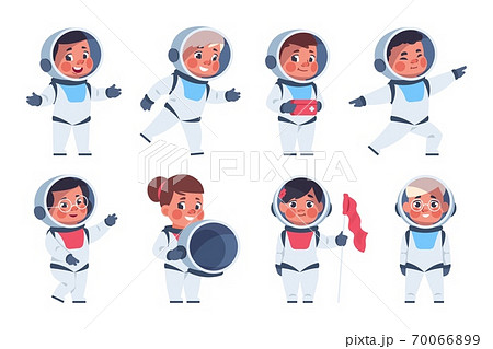 Kids astronauts. Cute cartoon children characters in costumes of cosmonauts. Teens playing galaxy games, wear cosmic festival spacesuits. Vector space set for boys and girls science career 70066899