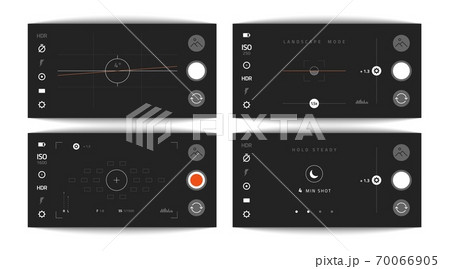 Camera viewfinders. Mobile video and photo app. Realistic interface with horizontal, landscape mode, UI elements. Dark smartphone or camcorder screen buttons. Vector snapshot display set Camera viewfinders. Mobile video and photo app. Realistic interface with horizontal, landscape mode, UI elements. Dark smartphone or camcorder screen buttons. Vector snapshot display set 70066905