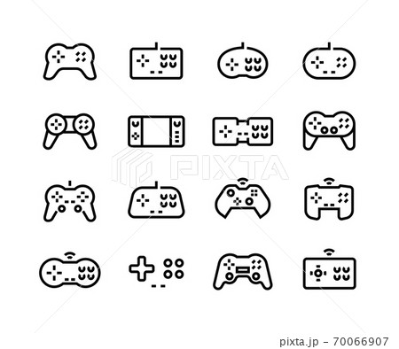 Gamepad icons. Video game joystick. Retro pictogram for arcade logo. Black lines controller for play station and computer on white background. Vector console and PC gaming buttons set 70066907