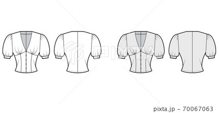 Blouse technical fashion illustration with medium puff sleeves, plunging V-neckline, slim fit, front button fastenings. 70067063