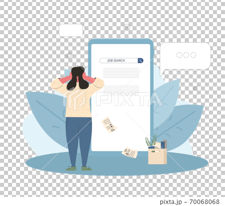 Unemployment. Dismissed worker try to find a work online. Fired man standing near huge laptop, he is confused and disappointed. Vector illustration. 70068068