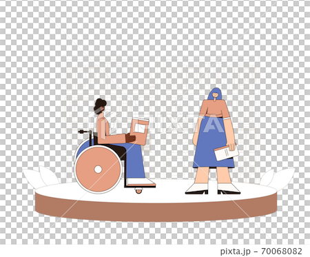 Two woman with books speaking about reading. Female characters telling about literature. Person in wheelchair meeting with her friend in the library, store or coworking space. Vector concept. Two woman with books speaking about reading. Female characters telling about literature. Person in wheelchair meeting with her friend in the library, store or coworking space. Vector concept. 70068082