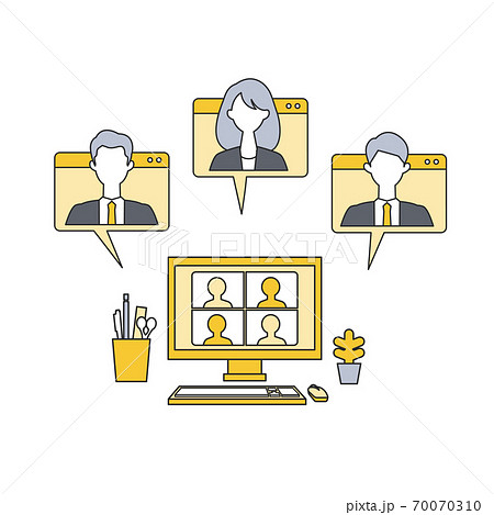 テレワーク テレビ会議をするパソコンモニターのイラストのイラスト素材