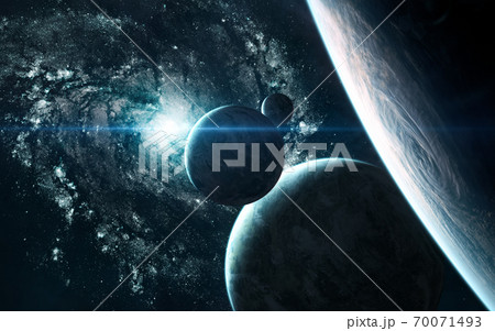 Planets of deep space on background of blue galaxy 70071493