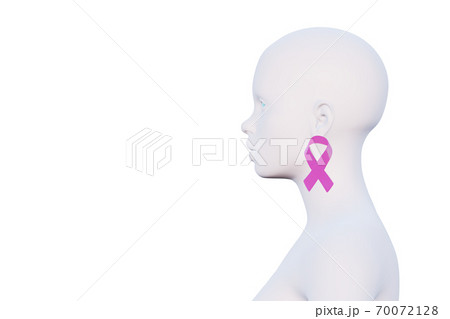 minimal female bald head isolated on white, pink ribbon earrings, side view, breast cancer awareness concept, place for text, 3d render 70072128