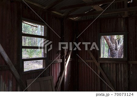 Inside an old building looking out the window at a forest Inside an old building looking out the window at a forest 70073124