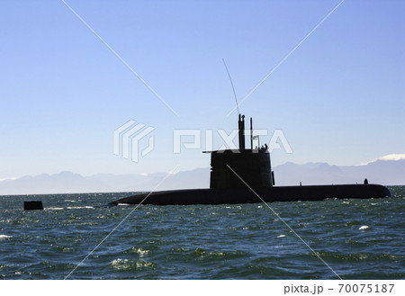 Submarine of the South African Navy on the surface of the ocean. Submarine of the South African Navy on the surface of the ocean. 70075187