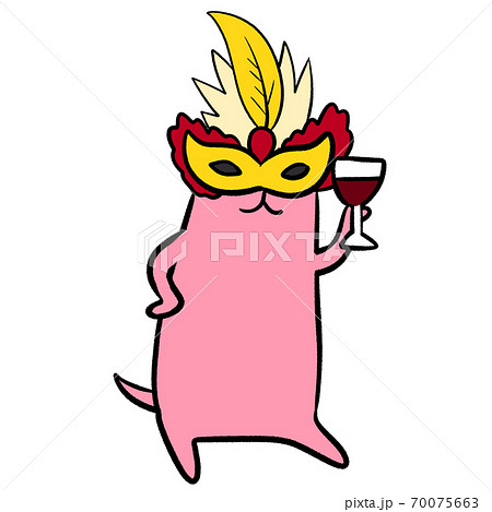 赤ワインを片手に会食に参加するピンクマウスさん 豪華パーティー 食いしん坊 仮面舞踏会 のイラスト素材