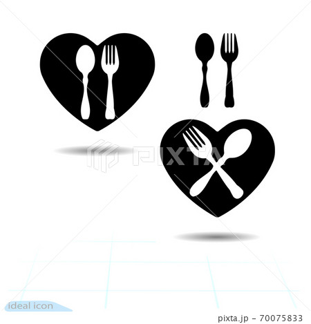 Black cutlery icon set in heart shape. Fork and spoon silhouettes. Vector available illustrations 70075833